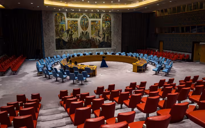 Wide view of the empty Security Council chamber at United Nations Headquarters