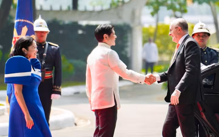 Anthony Albanese and Bongbong Marcos shaking hands during an official visit