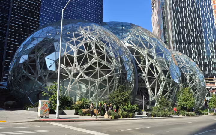 Amazon Spheres glass domes from Sixth Avenue side in Seattle