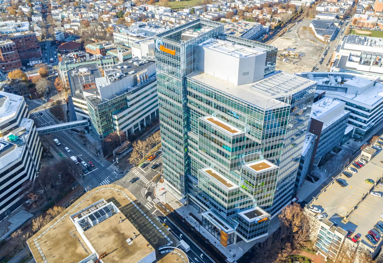 An aerial view of the Akamai Technologies headquarters building in Cambridge, Massachusetts.