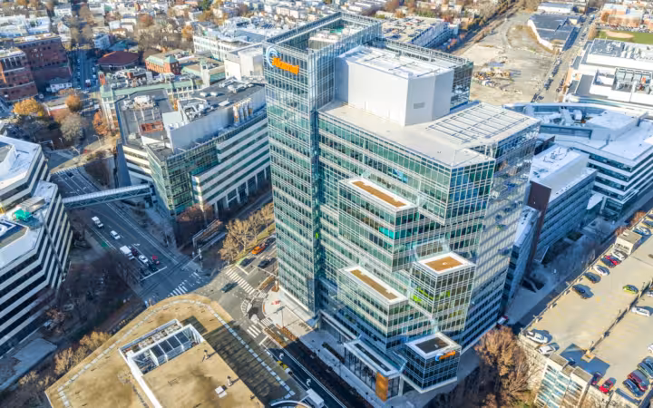 An aerial view of the Akamai Technologies headquarters building in Cambridge, Massachusetts.