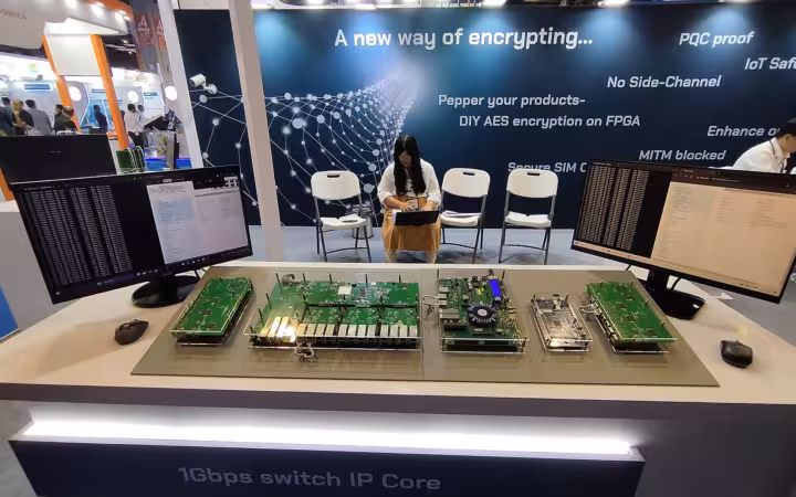 China Telecom stall with circuit boards and monitors at a trade exhibition.