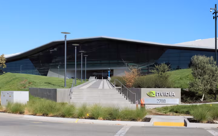 Nvidia headquarters building in Santa Clara with an exterior sign and entrance stairway