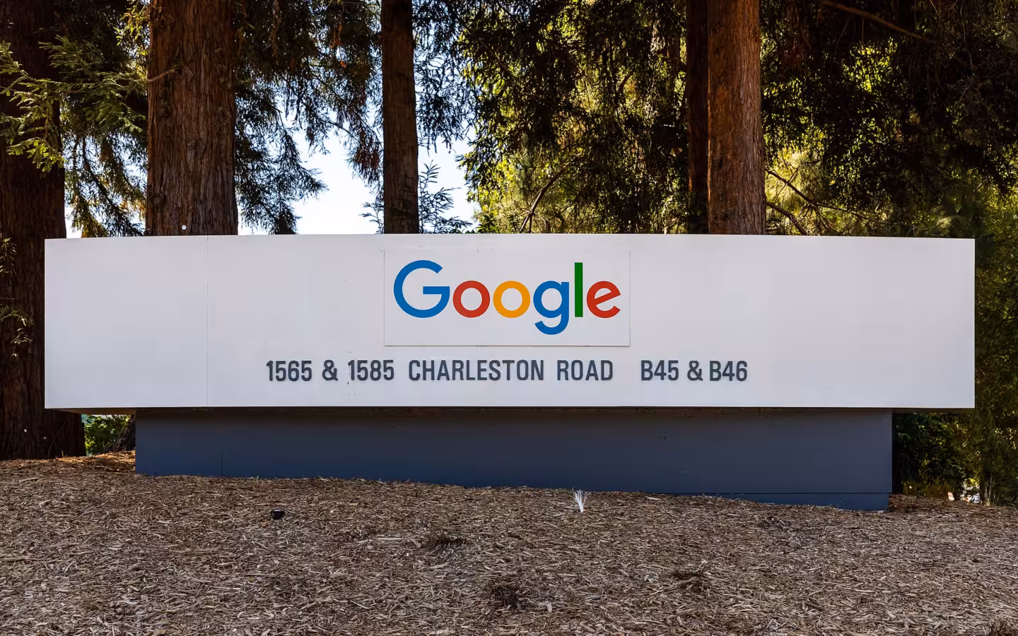 Google company sign on Charleston Road in Mountain View, California