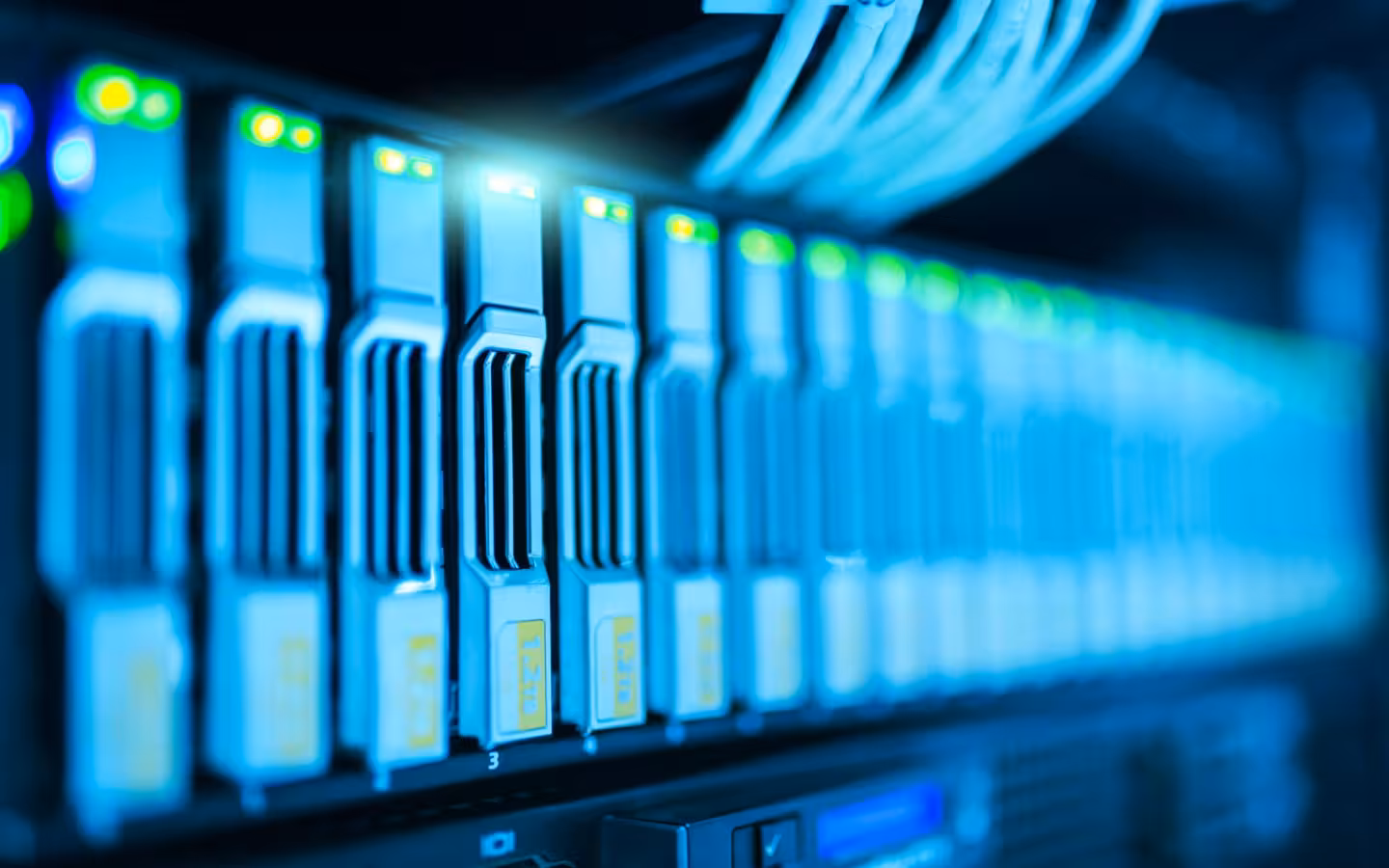 Server rack with glowing lights in a data center