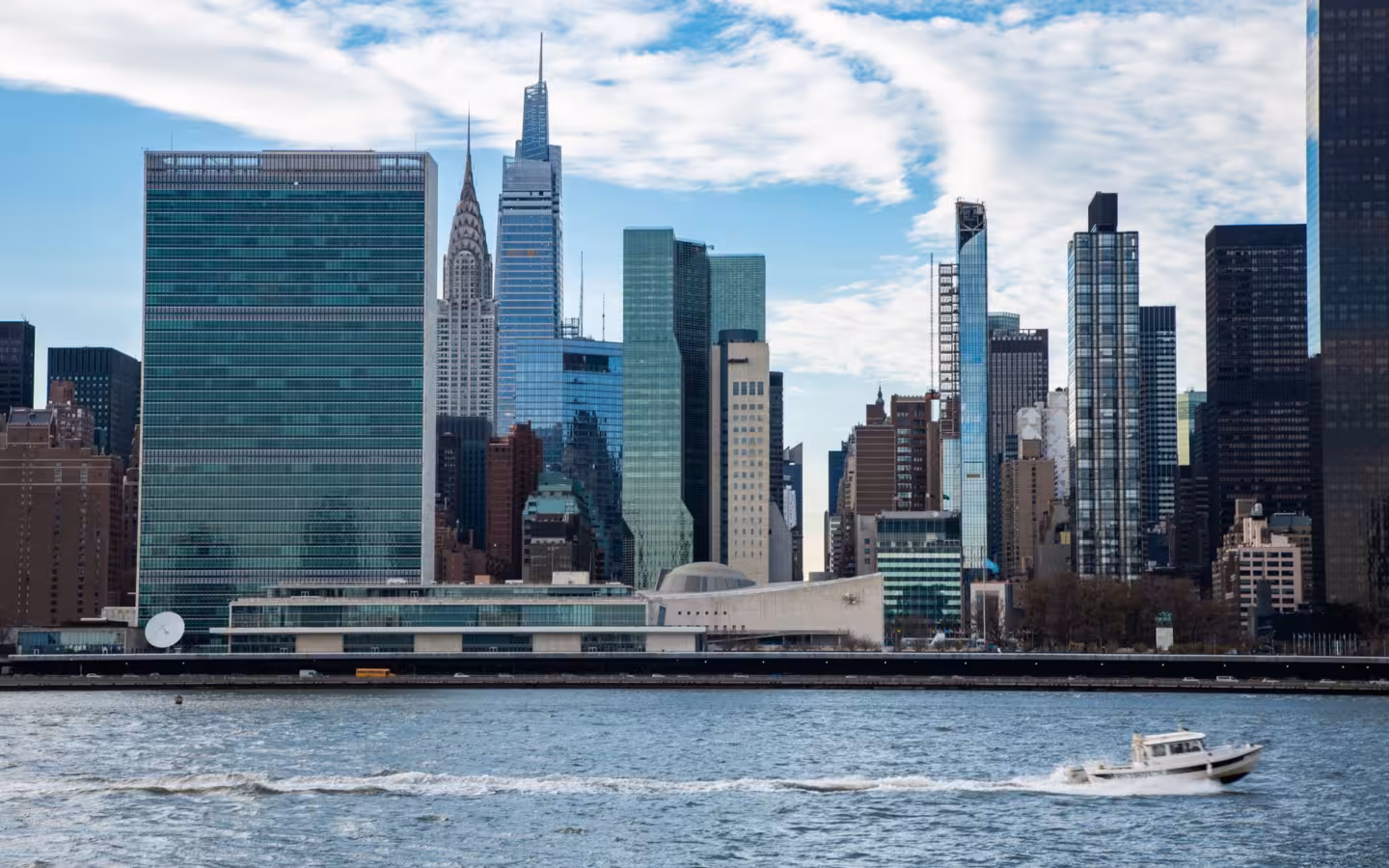 Manhattan skyline with United Nations Headquarters along East River