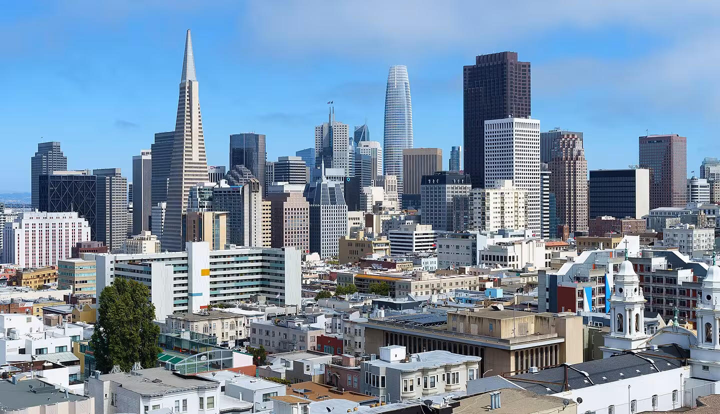 Wide-angle view of the San Francisco downtown skyline under a blue sky