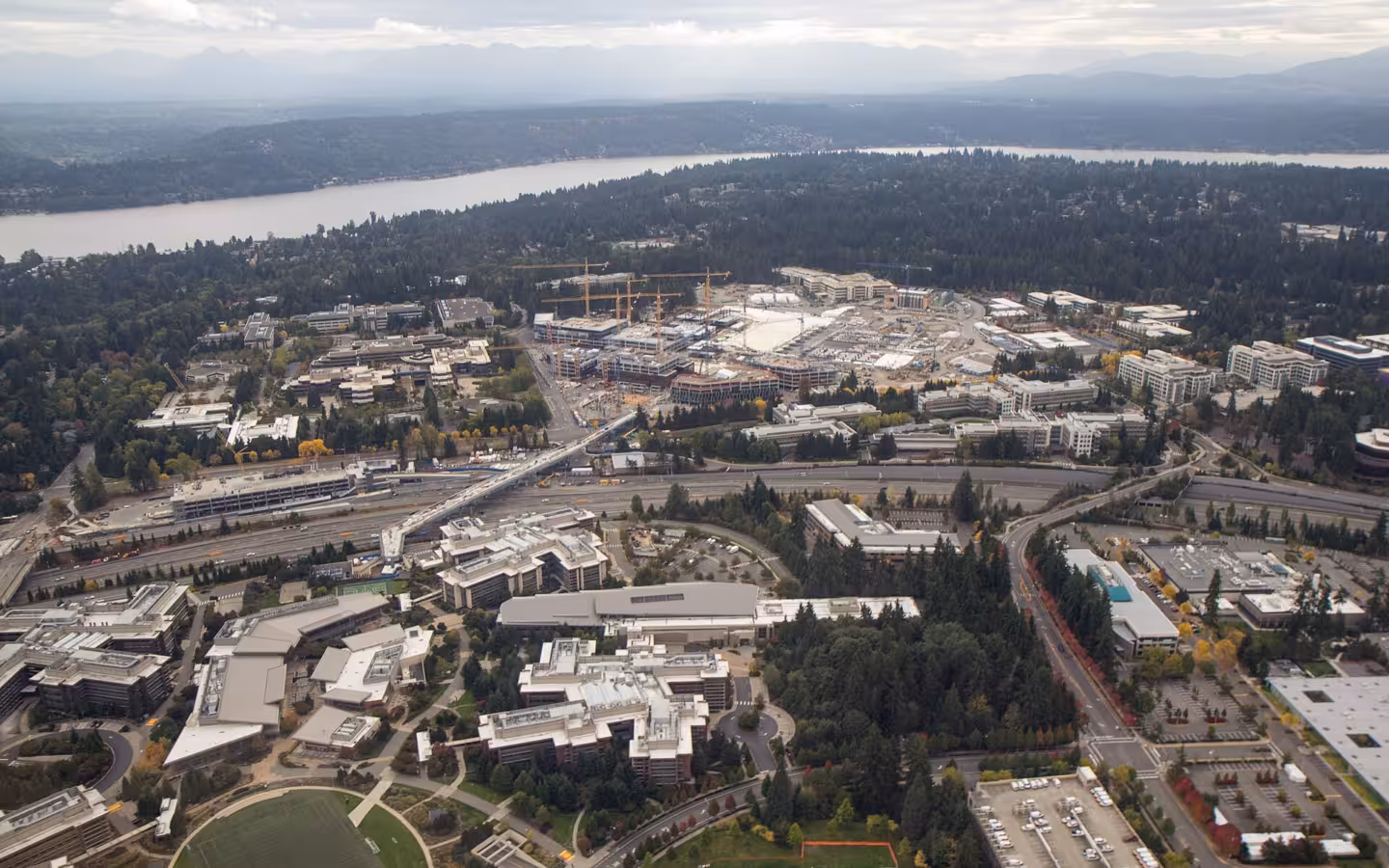 Aerial view of Microsoft Redmond campus redevelopment, September 2021