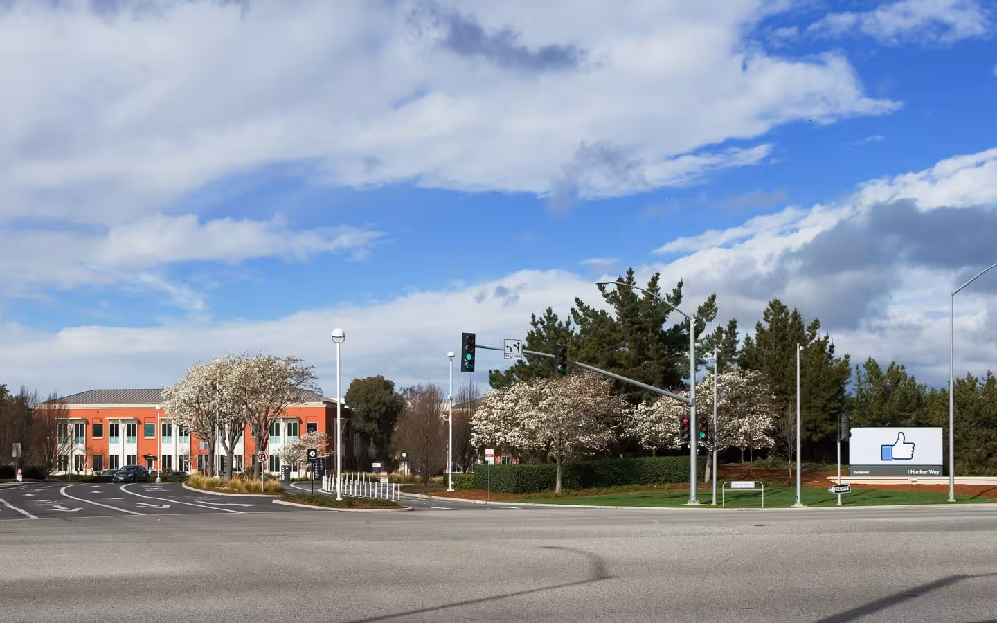 Entrance to Facebook headquarters complex in Menlo Park, California