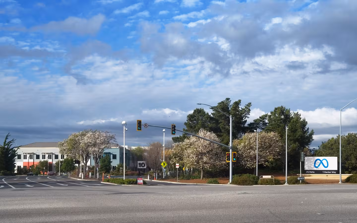 Entrance to Meta Platforms headquarters complex in Menlo Park, California