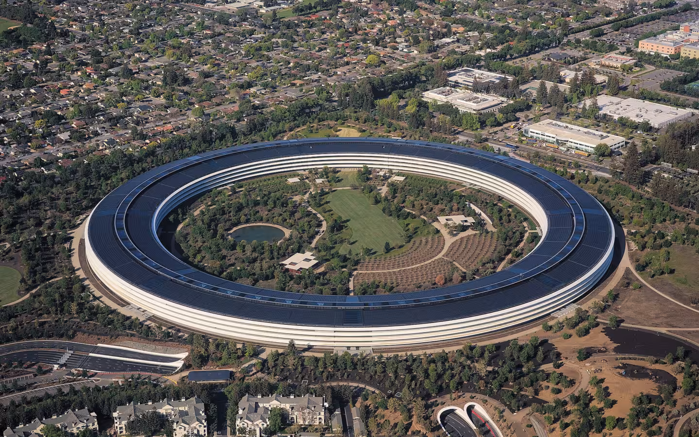 Aerial view of Apple Park circular campus with central green space