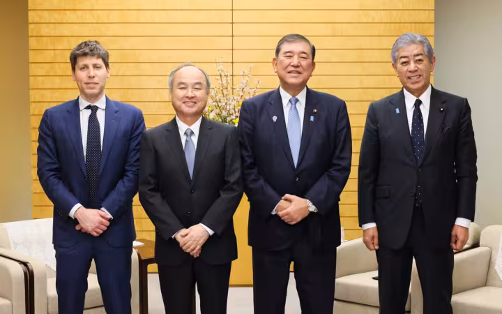 Sam Altman with Shigeru Ishiba and Masayoshi Son at Japanese Prime Minister's Residence