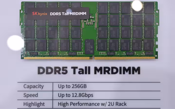 An SK Hynix DDR5 Tall MRDIMM memory module displayed on a white surface