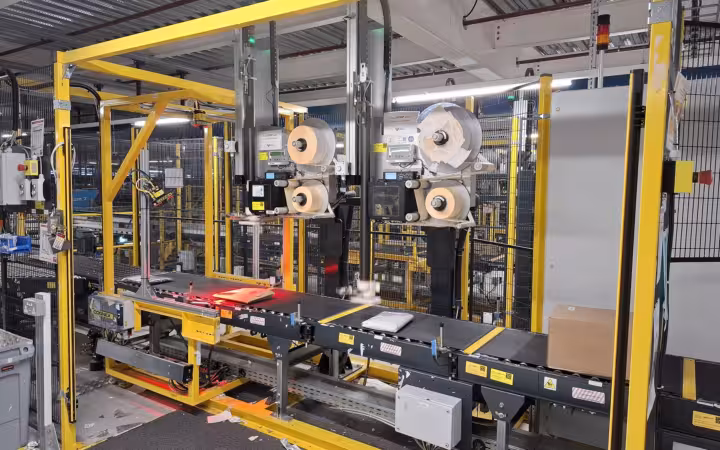 Automated scanning and labelling machinery inside Amazon's Swindon fulfilment centre