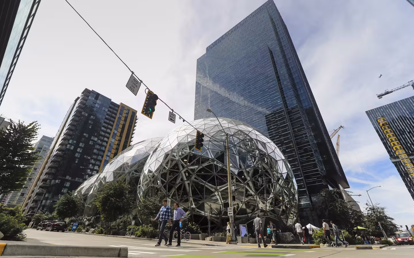Amazon Spheres at Amazon’s Seattle headquarters beneath office towers and traffic lights