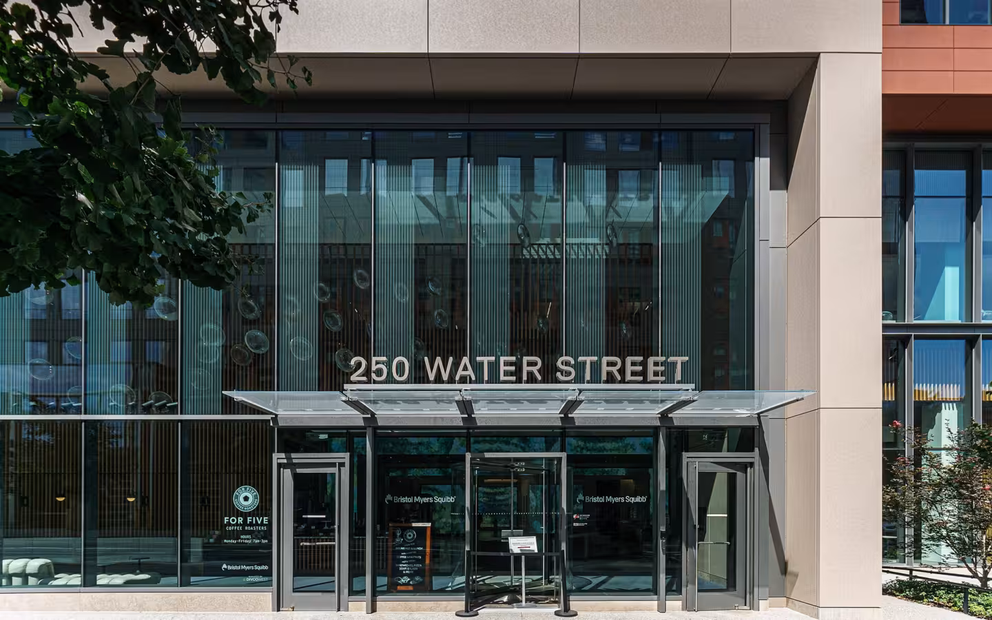 Bristol Myers Squibb entrance at 250 Water Street in Cambridge Crossing.