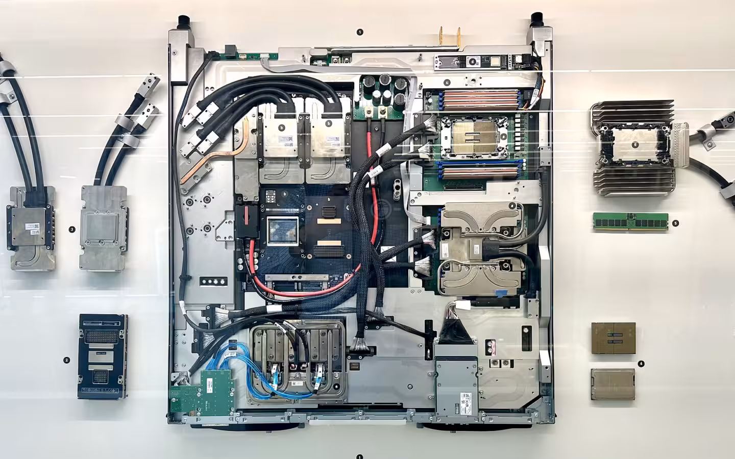 A glycol-cooled GPU blade from MareNostrum 5 with exposed circuitry and cables