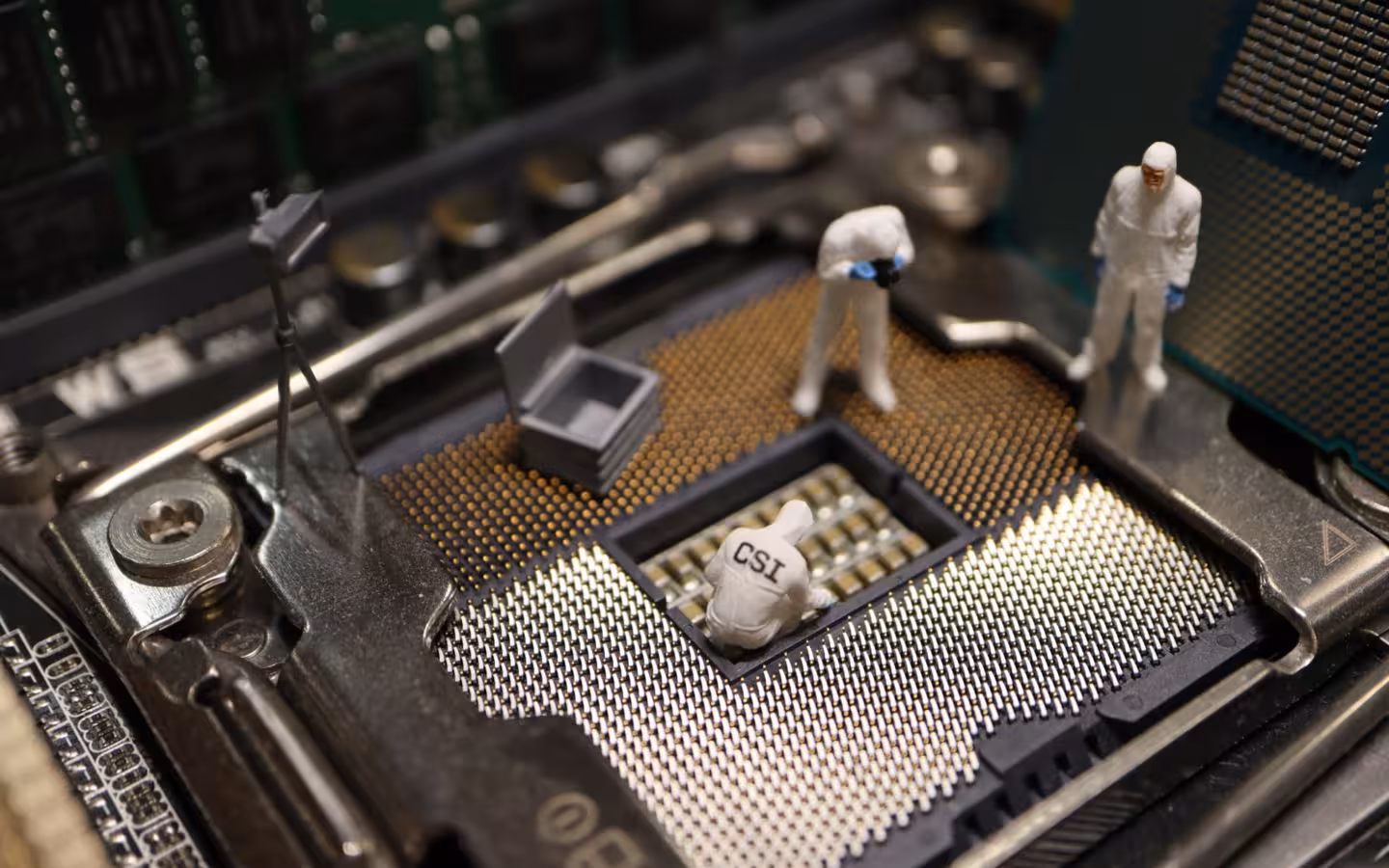 Miniature CSI figures in white suits investigate a computer processor socket.