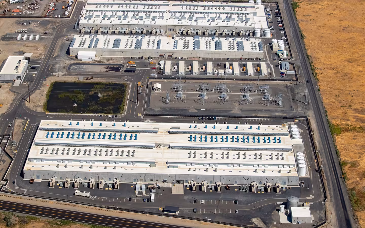 Aerial view of Amazon Web Services data centers in Umatilla, Oregon