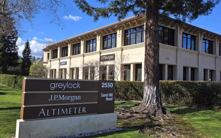 Greylock headquarters in Menlo Park beside signs for Greylock, JPMorgan and Altimeter Capital