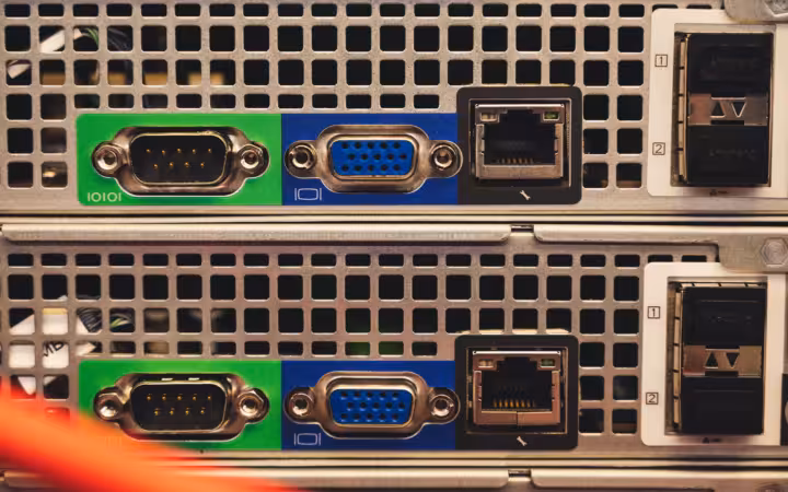 Detailed view of Ethernet and VGA ports on a server highlighting connectivity features.