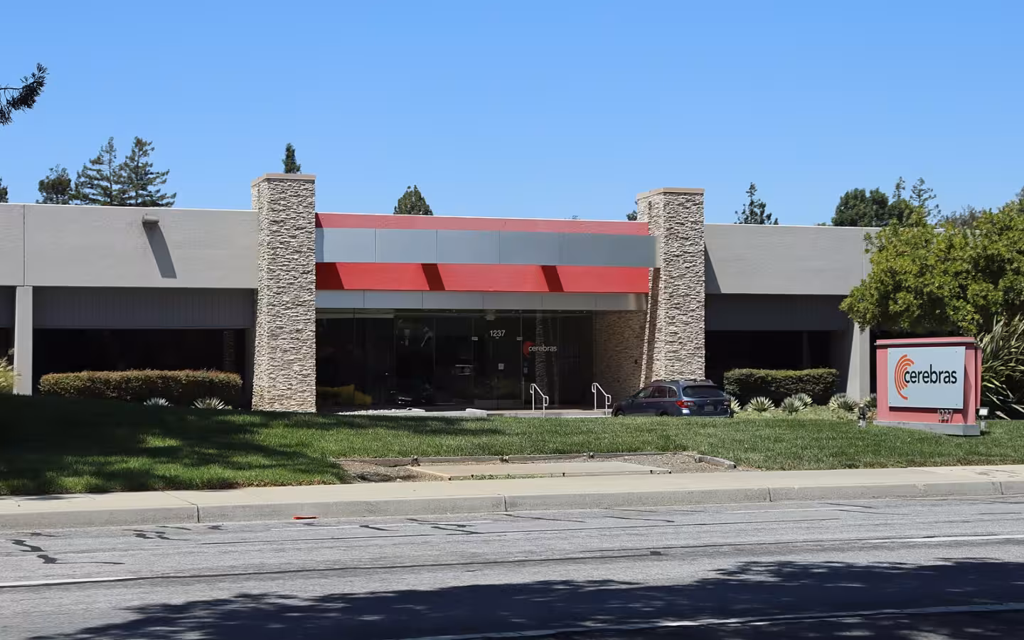 Cerebras Systems headquarters in Sunnyvale, with its roadside sign and entrance