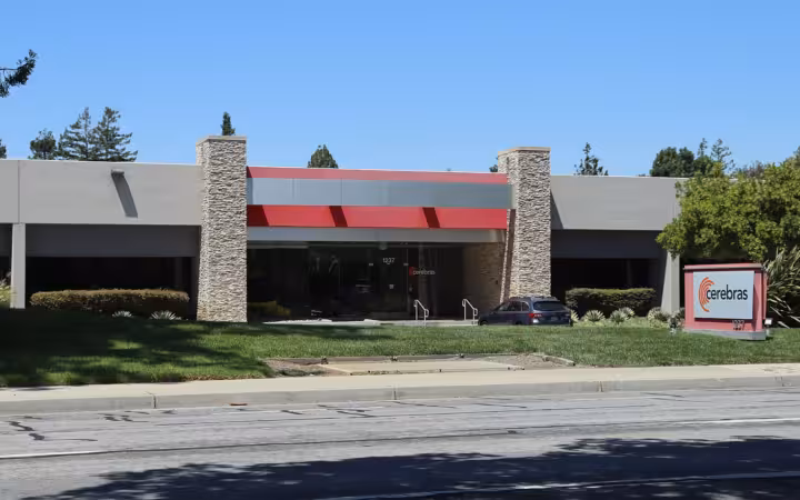 Cerebras Systems headquarters in Sunnyvale, with its roadside sign and entrance