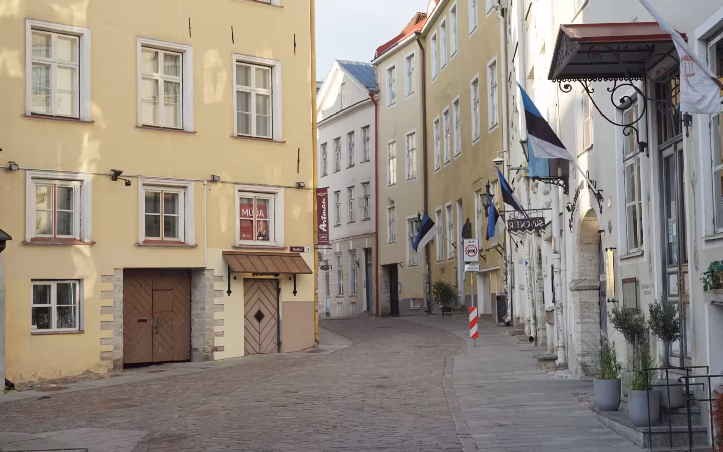 A picturesque cobblestone street lined with historical buildings and Estonian flags.