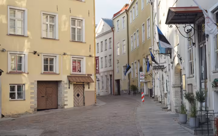 A picturesque cobblestone street lined with historical buildings and Estonian flags.