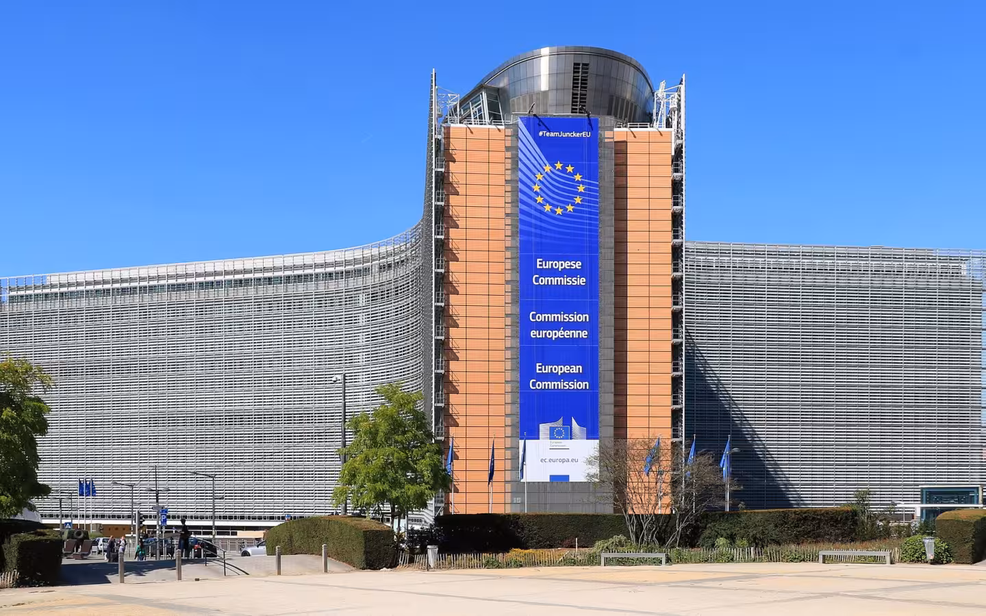 The Berlaymont building in Brussels with a European Commission banner