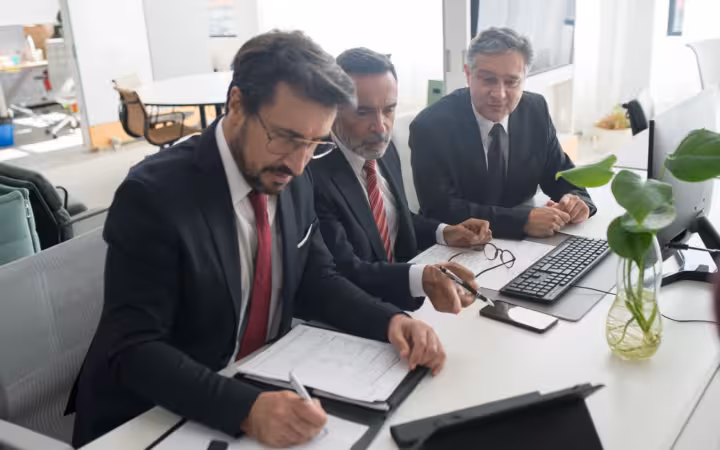 Three professionals review documents together at a computer in a modern office.