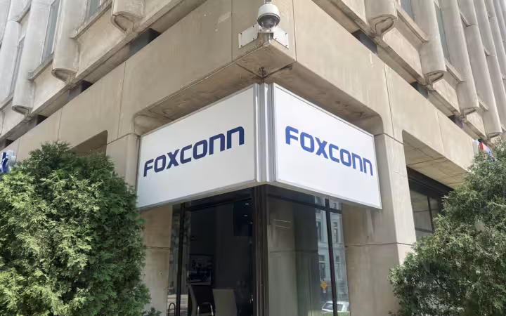 Foxconn signs mark the corner entrance of its Milwaukee office building.