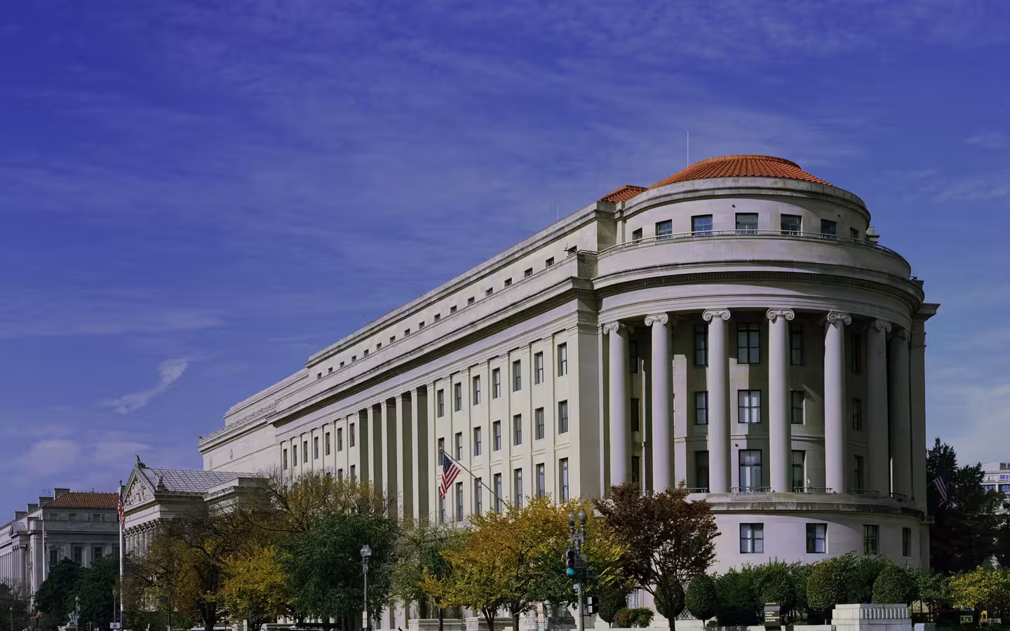 The Federal Trade Commission headquarters on a Washington street beneath a blue sky