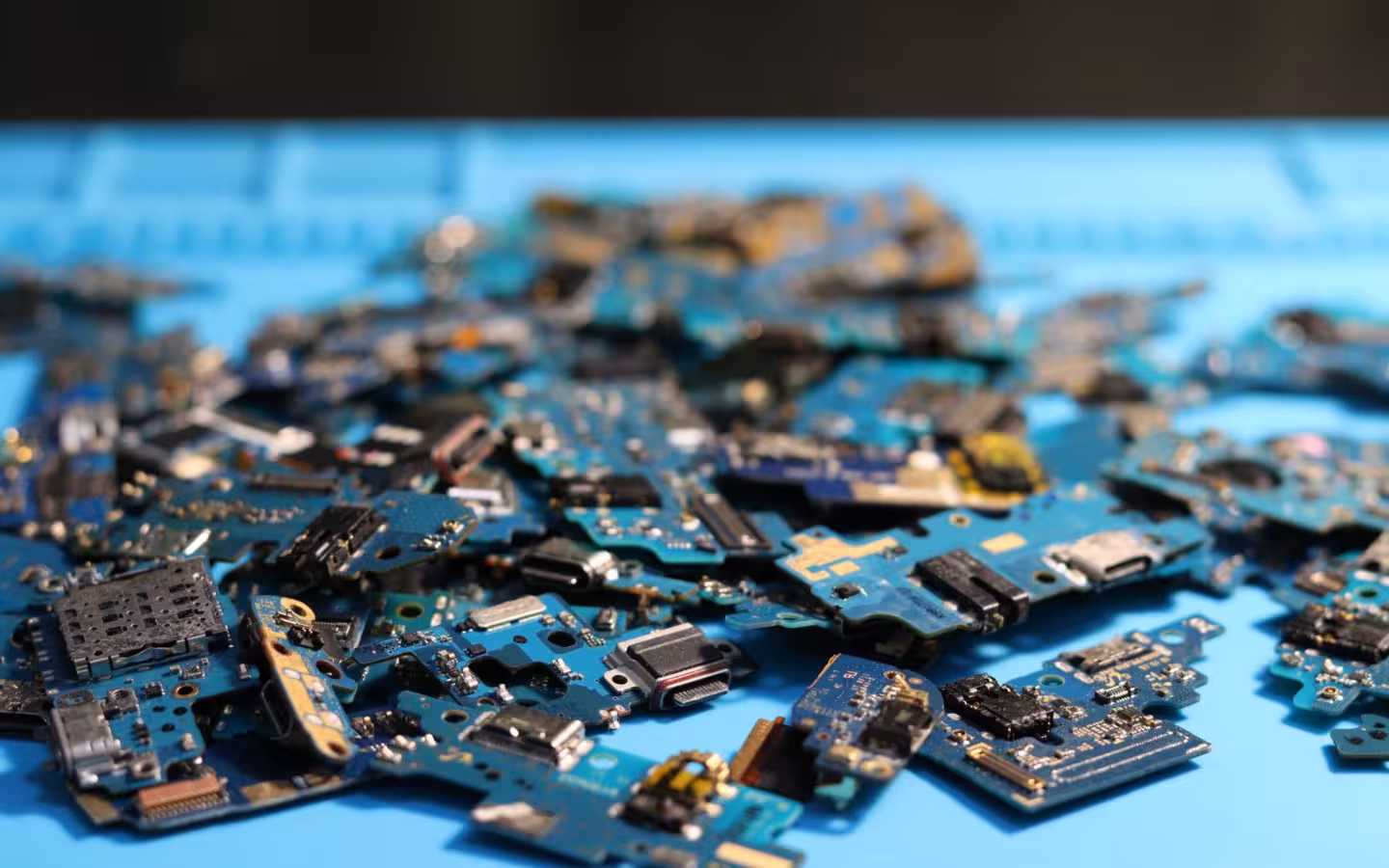 Disassembled circuit boards scattered across a bright blue surface.