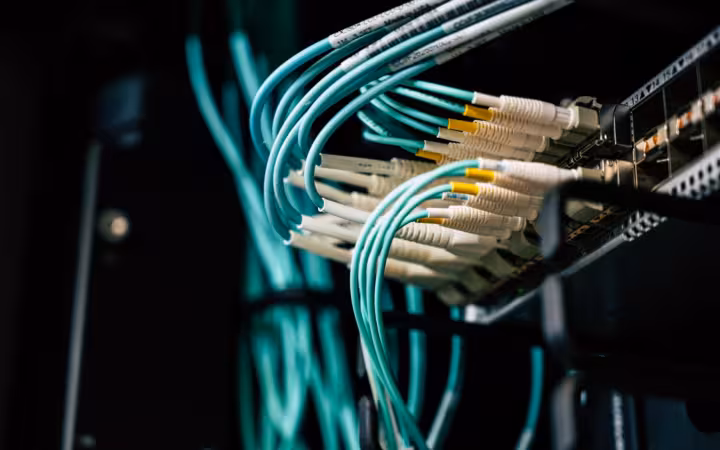 Detailed view of network cables plugged into a server rack in a data center.