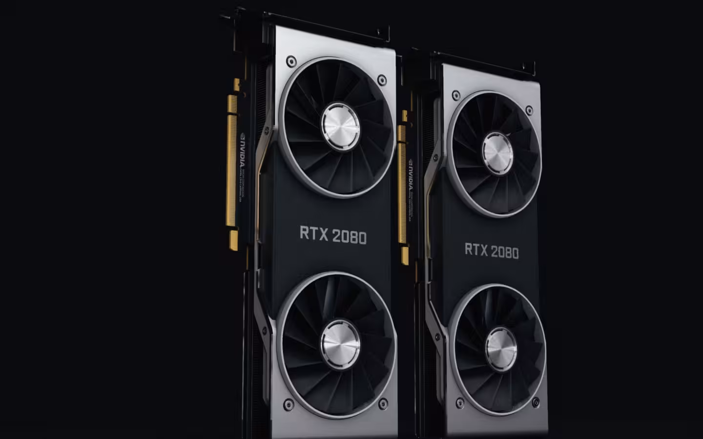 Two NVIDIA RTX 2080 graphics cards stand side by side against black.