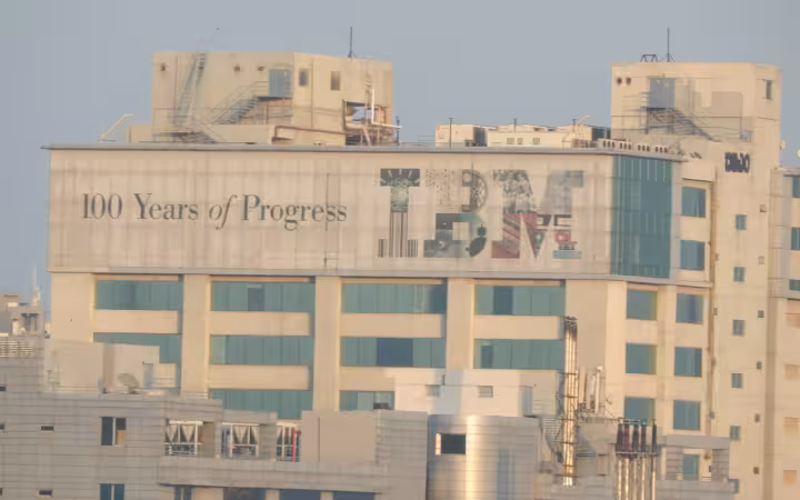 The IBM head office in Bangalore showing a large IBM logo on the building facade
