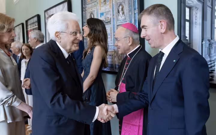 President Sergio Mattarella shakes hands with Federico Silvio Toniato at Palazzo del Quirinale.