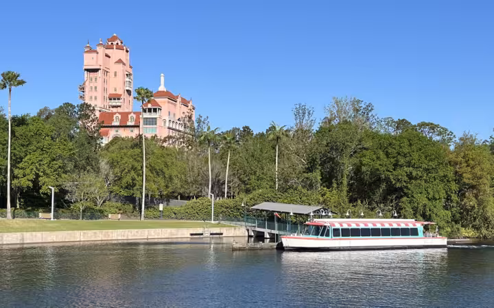 A FriendShip water taxi docks in front of The Twilight Zone Tower of Terror.