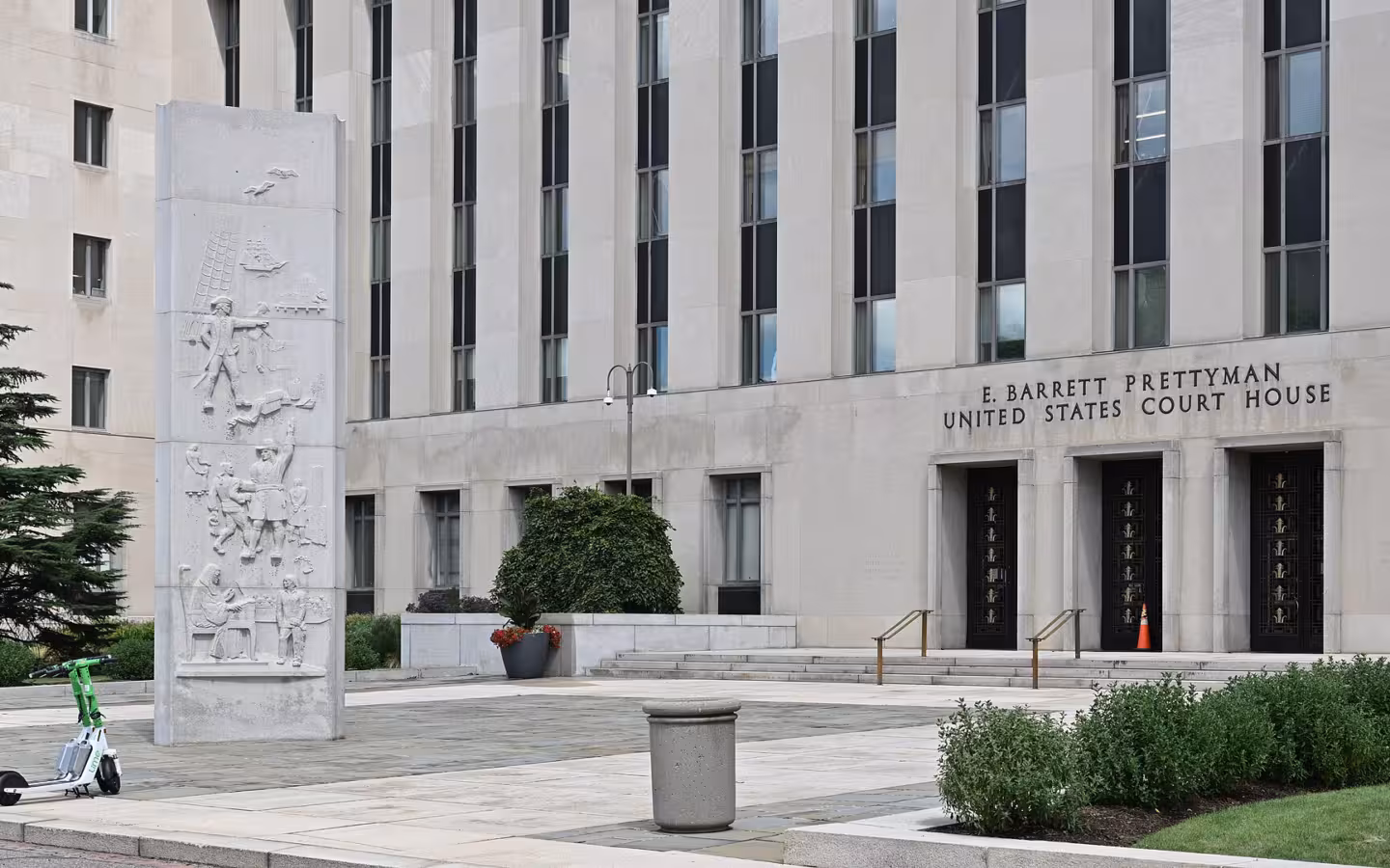 The E. Barrett Prettyman United States Court House entrance and bas-relief in Washington, DC.