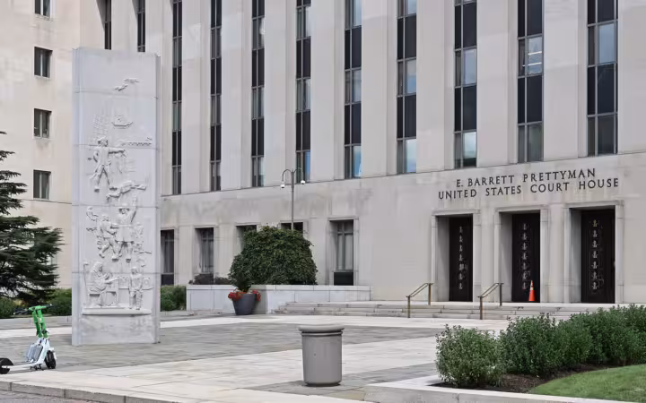 The E. Barrett Prettyman United States Court House entrance and bas-relief in Washington, DC.