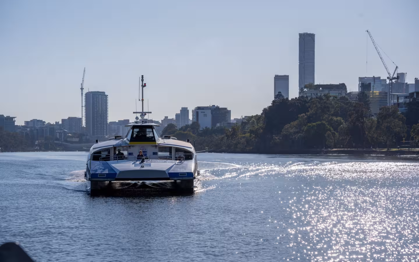 A ferry navigating Brisbane River with city skyline in the background