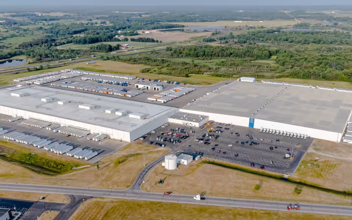 Aerial view of Walmart distribution center in Tomah amid roads and fields