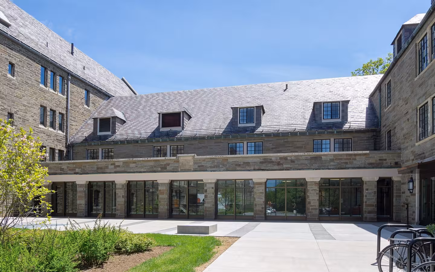 Hughes Hall at Cornell Law School, seen across a landscaped courtyard.