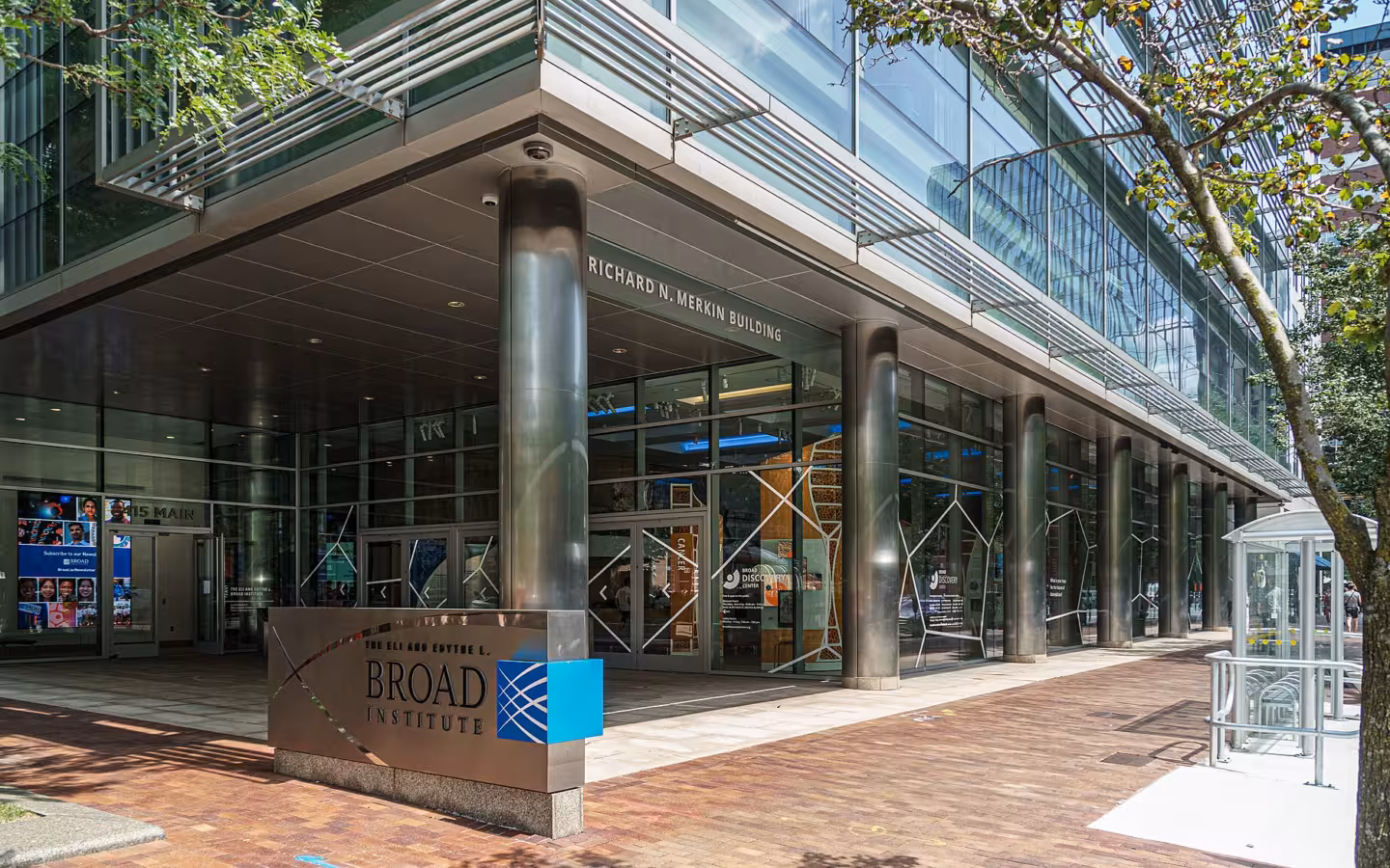 The exterior facade and entrance of the Broad Institute Merkin Building.