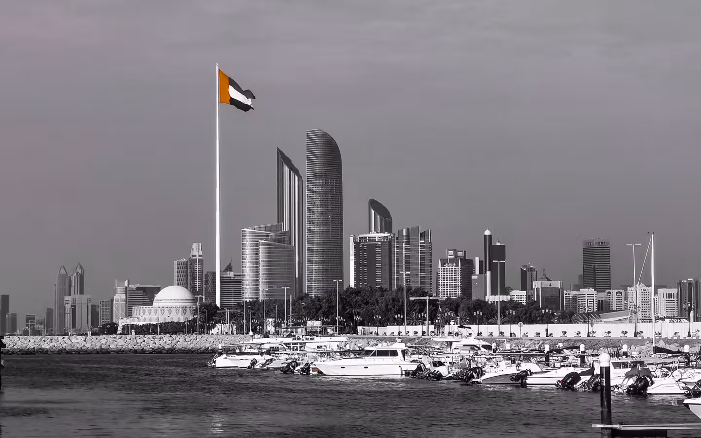 A black and white view of the Abu Dhabi skyline with a colored flag.