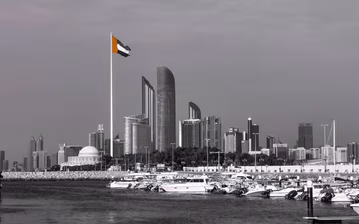 A black and white view of the Abu Dhabi skyline with a colored flag.