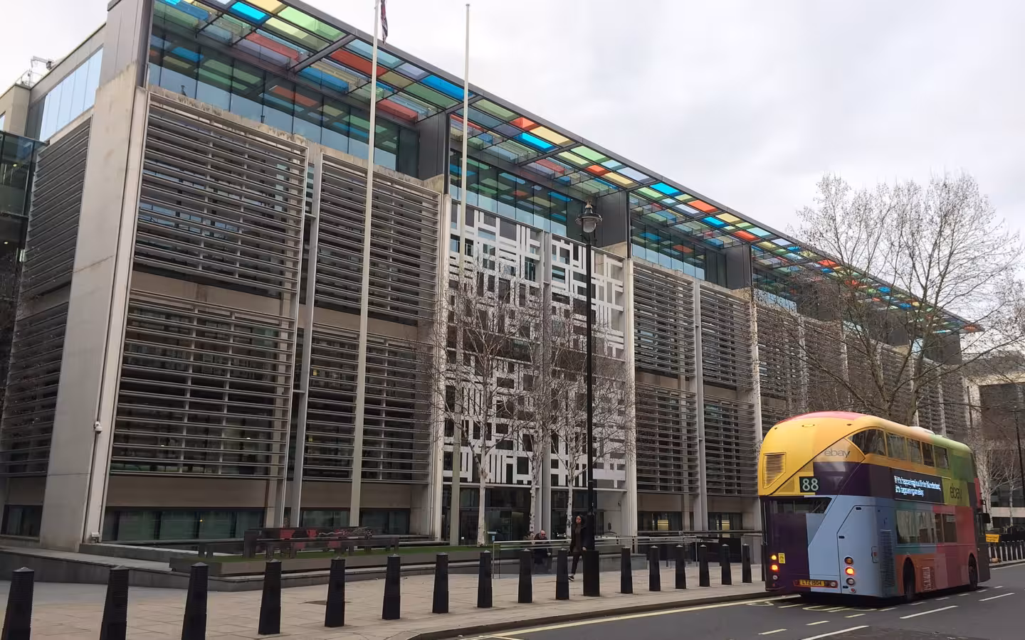 The Home Office building at 2 Marsham Street beside a double-decker bus