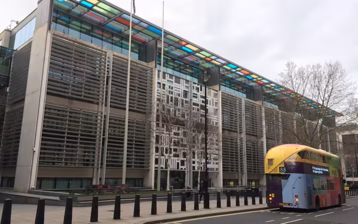 The Home Office building at 2 Marsham Street beside a double-decker bus