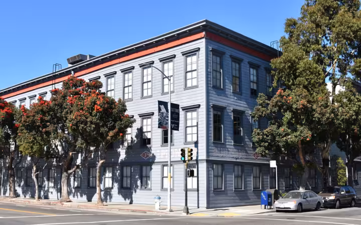 The Pioneer Building in San Francisco, partly screened by trees along a street.
